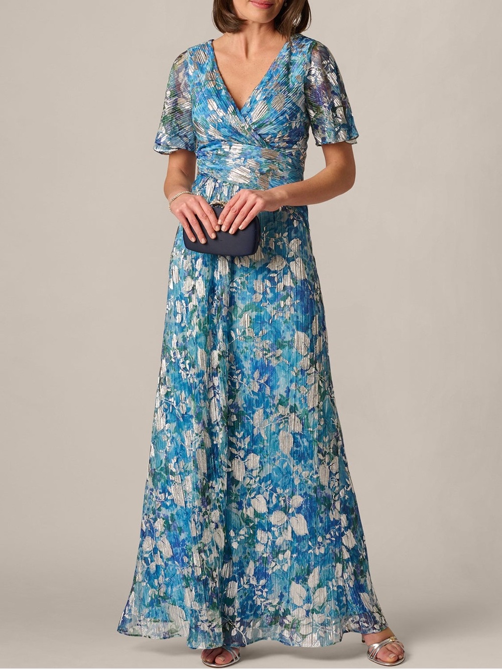 Adrianna Papell Blue Multi Crinkle Foil Floral Flutter Sleeve Gown NWT Size 4